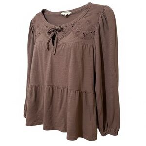 LUCKY BRAND brown 100% cotton loose fit boho tiered top size Medium